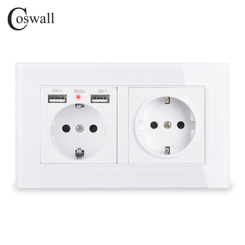 COSWALL-enchufe de pared estándar de la UE de 2 entradas con 2 puertos de carga USB, Panel de cristal con indicador LED suave oculto, para Rusia, España ► Foto 1/5