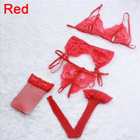 1 Juego de bragas de sujetador para mujer, ropa interior Sexy con encaje y entrepierna abierta, Tanga + sujetador + calcetines de Red + juego de lencería con tirantes Cueca ► Foto 1/4