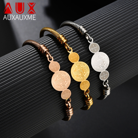 Auxauxme-pulsera de acero inoxidable San Benito para mujer, brazalete religioso de oro, regalo de joyería ► Foto 1/6