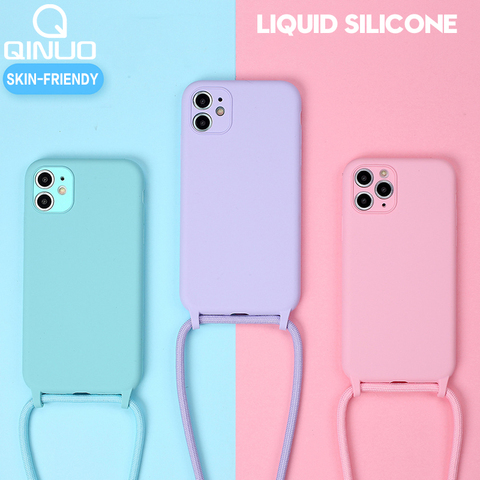 Fundas de silicona líquida originales para iPhone, funda suave de caramelo y correa de cuello, para iPhone 12, 11 Pro, XS, Max, X, XR, SE, 2022, 8, 7 Plus, 6 ► Foto 1/6