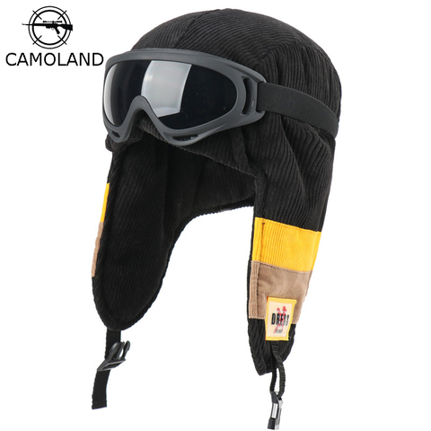 CAMOLAND-Sombrero Bomber térmico para invierno para hombre y mujer, gorra a prueba de viento para exteriores, esquí en nieve, con orejera, cálido, Sombrero estilo ruso con gafas ► Foto 1/6