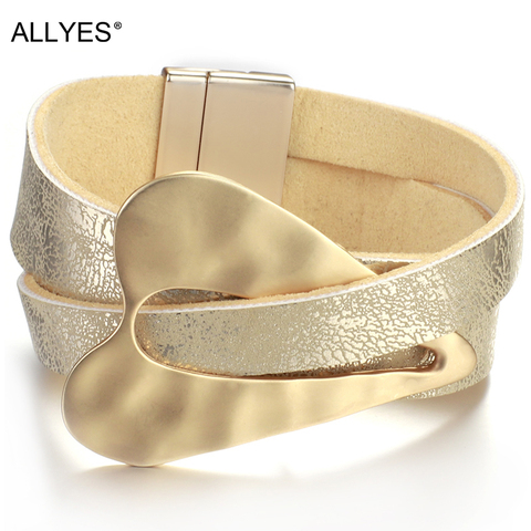 ALLYES Champagne-brazalete de cuero dorado para mujer, hebilla magnética, colgante de corazón, Pulseras anchas, joyería 2022 ► Foto 1/6