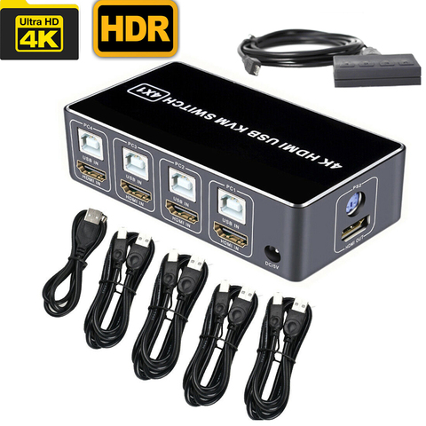 Conmutador de interruptor KVM 4 en 1, 4 puertos, USB, HDMI, compatible con Control de hasta 4 monitores, ratón, teclado, PC y portátil ► Foto 1/6