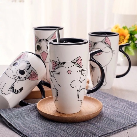 Taza de café de cerámica de gato bonito de 600ml con tapa, tazas de animales de gran capacidad, tazas creativas de café, té, regalos novedosos, taza de leche ► Foto 1/6