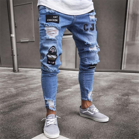 Pantalones vaqueros rasgados para hombre, Jeans pintados con insignia, rectos, ajustados, Hip-Hop, informales, con agujeros rotos ► Foto 1/6