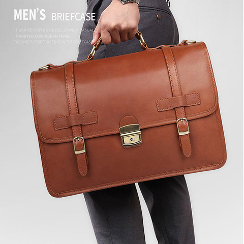 Maletín de piel auténtica con candado con dial para hombre, Maletín de negocios de cuero para portátil, 14 pulgadas, bolso grande de trabajo ► Foto 1/6