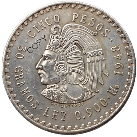 Moneda de copia exterior de plata, 5 Pesos, 1947 o 1948, no circulada, México ► Foto 1/3