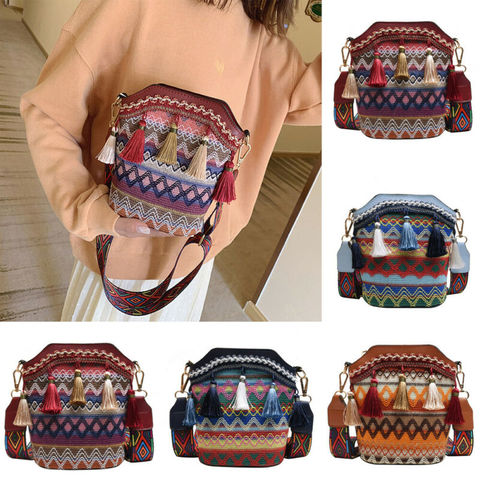 Bolso de hombro con borlas para mujer, espejo bandolera con bordado étnico, cabestrillo Hippie ► Foto 1/6