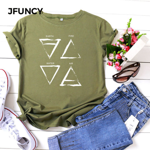 JFUNCY-camisetas de talla grande para mujer, camiseta informal divertida de algodón, camiseta triangular con estampado gráfico, camisetas de manga corta con cuello redondo para mujer ► Foto 1/6