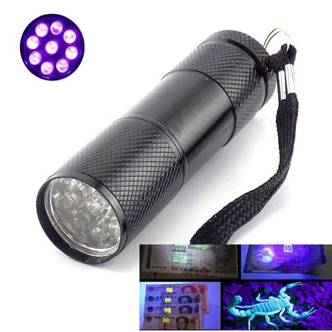 9 LED UV ultravioleta linterna mini color púrpura Fondo Ultravioleta luz antorcha intermitente lámpara linterna AAA para la detección de dinero ► Foto 1/6