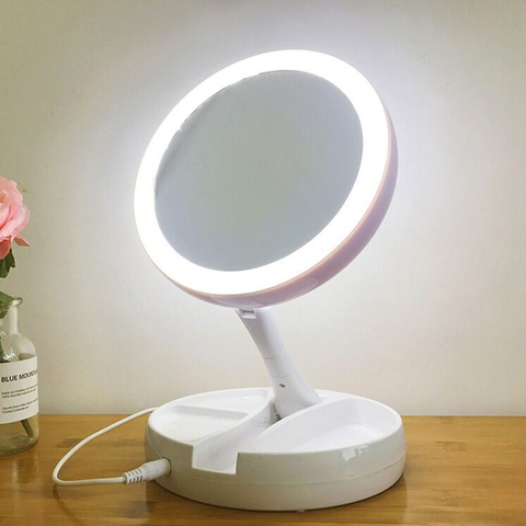 Espejo de maquillaje portátil con luz LED, espejo de maquillaje portátil con luz LED, carga por USB o batería, con aumento de 10 veces, espejo de doble cara ► Foto 1/6