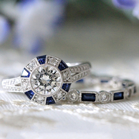 Buyee-Anillo de plata de primera ley con piedra azul para mujer, sortija de compromiso, plata esterlina 925, lleno de circonita brillante, conjuntos de anillos de boda, joyería ► Foto 1/5