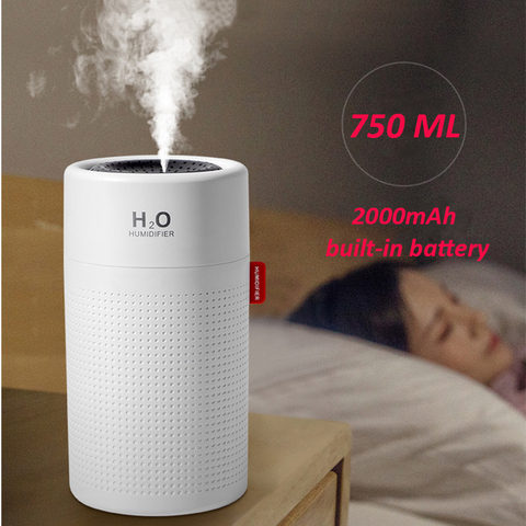 Humidificador de aire de gran capacidad, 750ml, 2000mAh, recargable por USB, inalámbrico, ultrasónico, difusor de vapor de agua, luz ► Foto 1/6