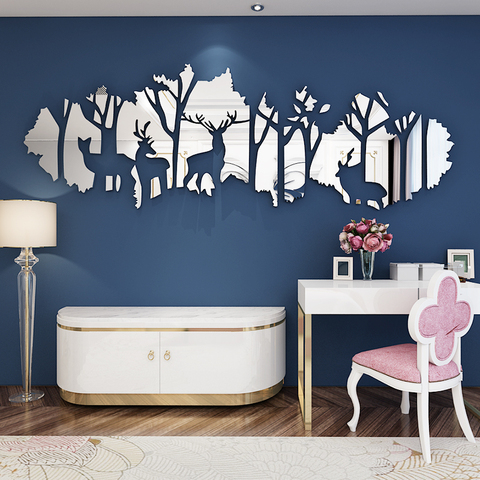 Pegatinas de pared de espejo acrílico de ciervo de bosque de gran tamaño, pegatinas de pared personalizadas en 3d para sala de estar, decoración de interiores, decoración del hogar ► Foto 1/6