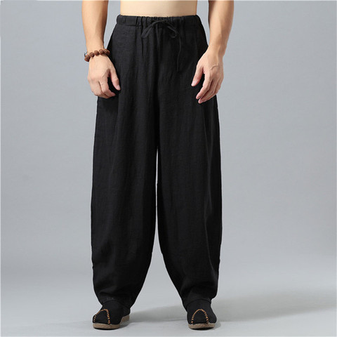 Pantalones largos informales de estilo japonés para hombre, pantalones de pernera ancha de algodón y lino, pantalones lisos con bolsillo, pantalones Harajuku masculinos de talla grande M-5XL 6XL ► Foto 1/4