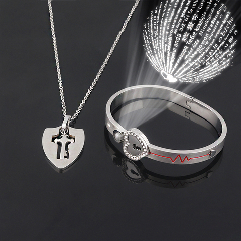 Pareja de rompecabezas a juego 100 idiomas I Love You proyección candado de corazón pulsera y COLLAR COLGANTE de llave para joyería de regalo para enamorados ► Foto 1/6