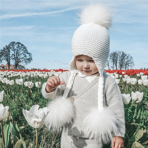 De bebé de punto sombrero con tres piel pompón gorra tejida para niños chico chica Natural de piel de mapache bola tapa lindo Real de piel de sombrero de pompón ► Foto 1/6