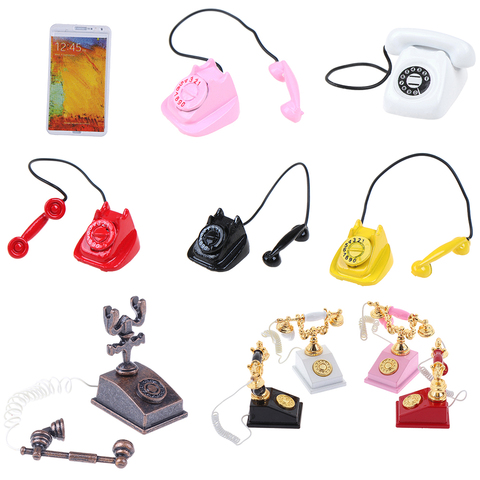 1:12 teléfono miniatura modelo aleación Vintage Retro giratorio teléfono decoración para casa de muñecas Accesorios ► Foto 1/6