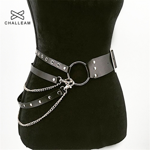Cinturón gótico Punk de cuero para mujer, correa de cadena, diseño de anillo de Metal, hebilla de Pin plateado, cinturones para mujer x212 ► Foto 1/5
