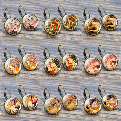 Retro pendiente de Klimt Francia pendientes arte pintura de aceite joyería cabujón de cristal Klimt beso a mamá DÍA DE LA Madre de gancho de oreja regalo ► Foto 1/6