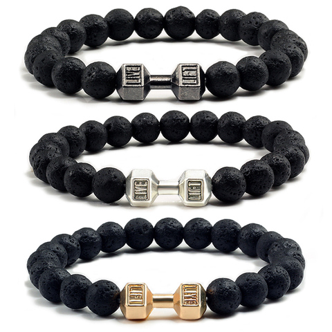 Pulsera con cuentas de Lava negra Natural para hombre y mujer, brazalete con abalorios de piedra negra, energía, pesas ejercicio, joyería ► Foto 1/6