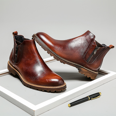 Botas de invierno de cuero de vaca para hombre, botines planos informales, brogue, calidad cómoda vestido con cordón, chelsea, 2022 ► Foto 1/6