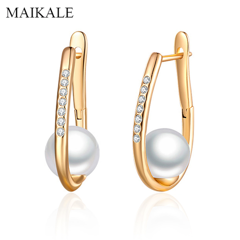 MAIKALE Simple 9MM pendientes de perlas naturales blancas oro plata Zirconia pendientes con perla para mujeres joyería fina regalos para niñas ► Foto 1/6