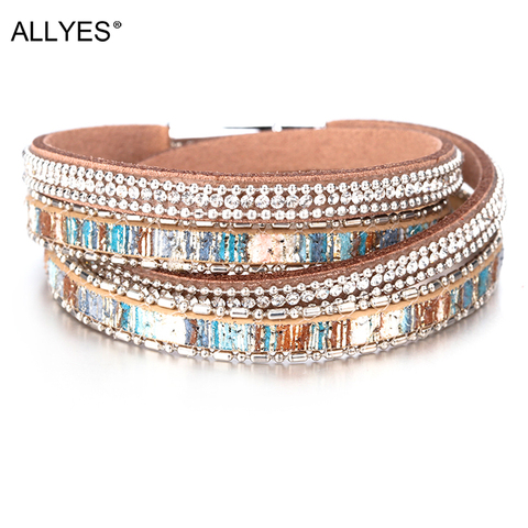 ALLYES-pulsera de cuero para mujer, brazalete de cristal checo Vintage bohemio de múltiples capas, doble envoltura, joyería para mujer 2022 ► Foto 1/6