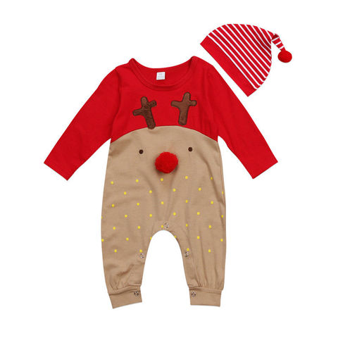 Uds bebé recién nacido niños y niñas mamelucos de Navidad manga larga ciervos mono mameluco sombrero ropa de dormir traje de ropa de bebé ► Foto 1/6