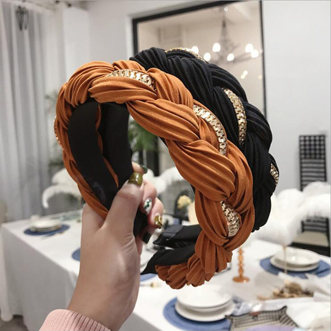 Diadema de moda para mujer, Lado ancho de tela arrugada, diadema multicapa con nudo cruzado, accesorios para el cabello trenzados para adultos, venta al por mayor ► Foto 1/6