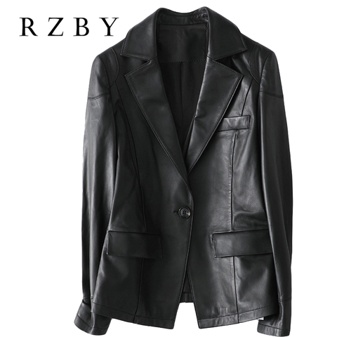 RZBY-Chaqueta 100% de piel de oveja auténtica para mujer, chaqueta negra informal de autocultivo, de cuero genuino, para otoño e invierno, RZBY266 ► Foto 1/6