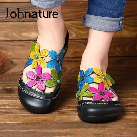 Johnature-Zapatillas de flores para mujer, zapatos planos de piel auténtica con toboganes, ropa exterior, sandalias informales coloridas para mujer ► Foto 1/6