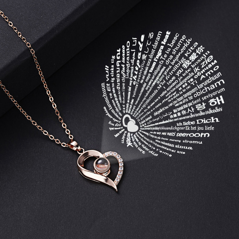 Proyección de 100 idiomas te amo Collar de las mujeres amor memoria corazón Collar con colgante para amantes Cadena de clavícula Collar gargantilla de encanto ► Foto 1/6