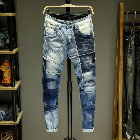 Pantalones vaqueros de hombre Splice Jean Homme Skinny Denim Ripped Spijkerbroeken Heren pantalones elásticos de Biker pantalones ajustados pantalones cálidos Pantalon de lujo ► Foto 1/6