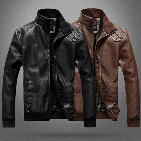 Chaqueta de cuero PU para hombre, abrigo con cuello de soporte para motocicleta, abrigos ajustados informales, moda de Fitness, otoño y primavera, nueva ► Foto 1/6