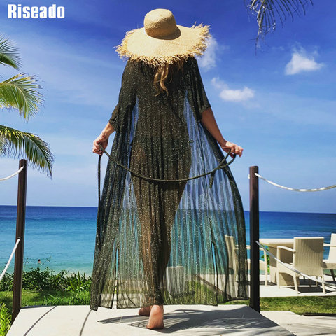 Riseado nuevo 2022 ropa de playa cubrir Bikinis Sexy malla Vestido de playa largo traje de baño mujer traje de baño de media manga ► Foto 1/6