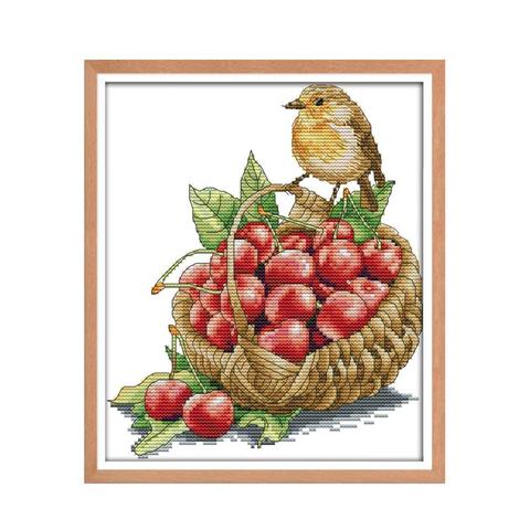 Kit de punto de cruz de pájaro y cerezas, lienzo estampado con cuentas, bordado artesanal, 14ct, 11CT ► Foto 1/1