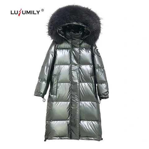 Lulumily-chaqueta con capucha para mujer, Parkas largas de plumón de pato blanco, con cuello de piel grande, prendas de vestir cálidas y gruesas sueltas para invierno, 2022 ► Foto 1/6