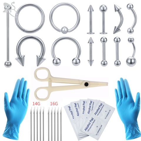 ZS Kit de herramientas para perforación corporal 12-20G agujas para Piercing corporal profesional desechable abrazadera guantes de herramientas trago del oído nariz ombligo Piercing ► Foto 1/6