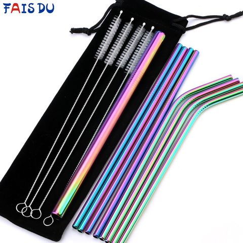 Pajitas de acero inoxidable, set de pajitas rectas dobladas para beber con estuche, juego de brochas de limpieza, accesorio para bar de fiesta, 304 pajitas reutilizables de metal, 14 Uds. ► Foto 1/6