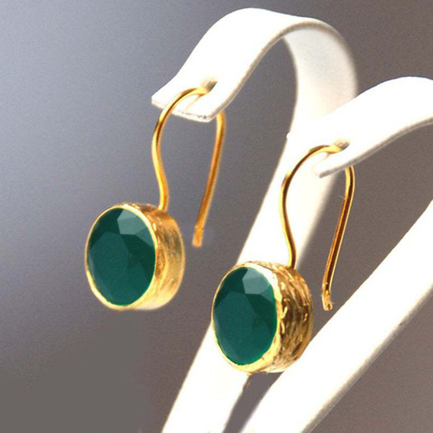 Pendientes redondos de circonia cúbica AAA para mujer, Pendientes de piedra colgantes verde oscuro, joyería de Color dorado, aretes de boda ► Foto 1/6