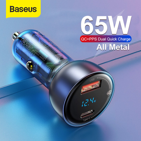 Baseus-cargador USB tipo C para coche, cargador de móvil translúcido de 65W con puerto Dual PD QC, carga rápida para ordenador portátil, iPhone y Samsung ► Foto 1/6