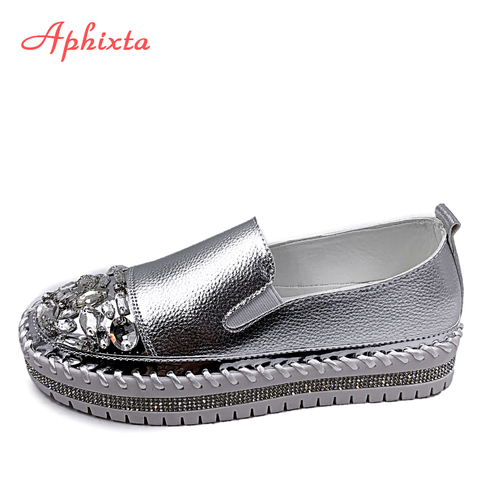 Aphixta-zapatos planos de cuero con cristales y punta redonda para mujer, mocasines de plata brillante, de plataforma, planos, para estudiantes, talla 43 ► Foto 1/6