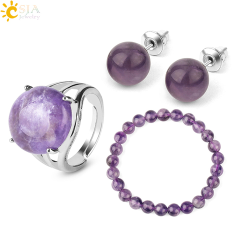 CSJA-Conjuntos de Joyas de piedras naturales para mujer, Cristal púrpura de cuarzo rosa curativo, aretes de tuerca de Aventurina verde, pulseras, anillo, G369 ► Foto 1/6