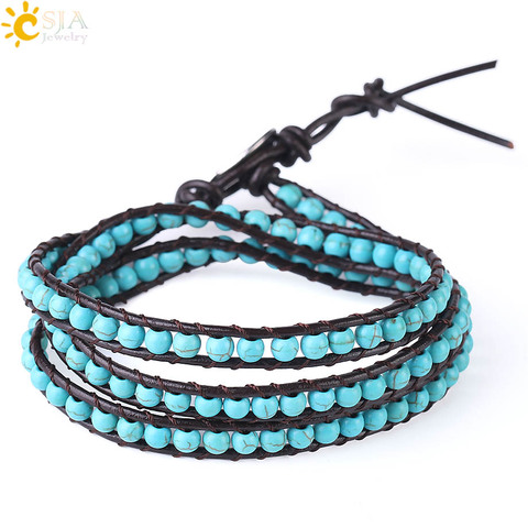 CSJA pulseras de cuero verde turquesas multicapa Triple con cuentas Wrap pulsera para los hombres las mujeres 6mm de ancho hecho a mano de la joyería de Boho S141 ► Foto 1/6