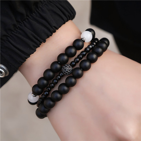 Conjuntos de pulseras para parejas, 3 unidades, 6/8mm, cuentas de piedra negra mate y blanca, pulsera de bolas de cobre CZ, conjuntos de pulseras de Hip Hop, joyería ► Foto 1/6