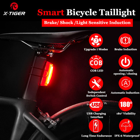 X-tiger-luz trasera inteligente para bicicleta, faro inteligente para automóbil con detección de freno de arranque/parada IPx6, resistente al agua, con carga USB ► Foto 1/6