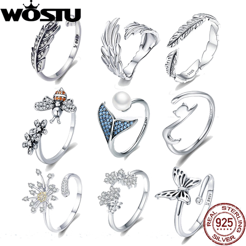 WOSTU-Anillos ajustables de Plata de Ley 925 para mujer, joyería de estilo Vintage con hojas de circonia cúbica transparente para mujer, regalo de joyería de plata S925 DXR313 ► Foto 1/5