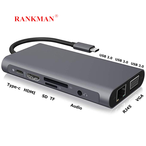 Rankman-Adaptador tipo C a RJ45, Lan Gigabit, Ethernet, HDMI, VGA, lector de tarjetas SD, TF, USB-C, 3,0 Aux, para MacBook, Samsung, Dex, Huawei, TV ► Foto 1/6