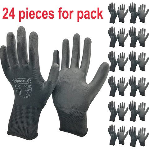 Guantes de trabajo de seguridad de 24/12 pares, guante de algodón de nailon Pu negro, guantes de trabajo protectores industriales, proveedor de la marca NMSafety ► Foto 1/6